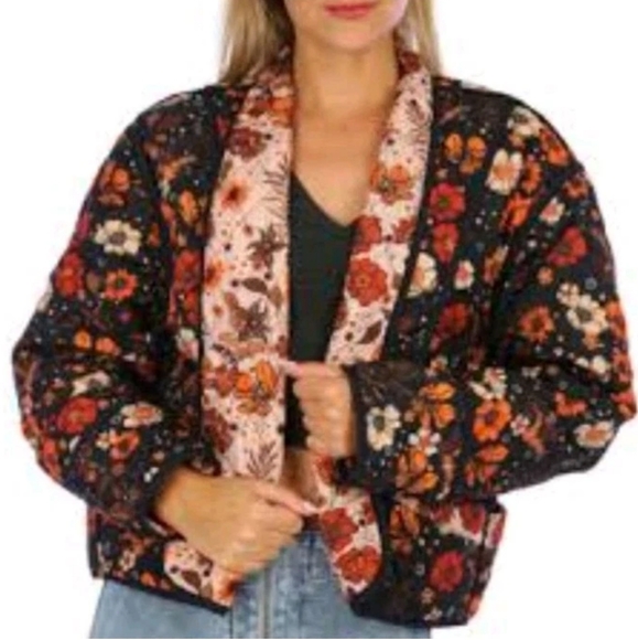 Simply Southern Jackets & Blazers - Simply Southern Reversible Quilted Jacket Woman XL Black Orange Fall Florals Nwt